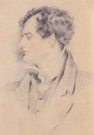 This is the well known chalk drawing, made by George Henry Harlow, of Lord Byron as he appeared at the time of his marriage in 1815. - Harlow_Byron